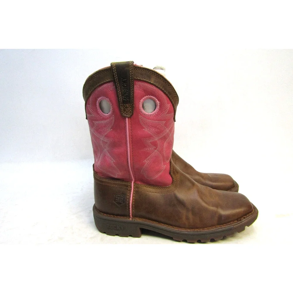 Rocky Kids Youth Size 4 M Pink Brown Leather Buckaroo Cowboy Boots
